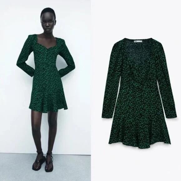 Zara Black and Green Floral Print Long Sleeve Mini Dress Size Medium - Picture 1 of 10